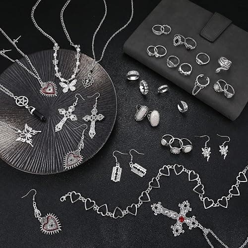 Subiceto 33Pcs Grunge Vintage Punk Necklace Jewelry Set Gothic Earrings Fairy Butterfly Boho Crystal Y2k Cross Pendent Butterfly Heart Choker Goth Stackable Knuckle Rings Adjustable Y2k Accessories for Women Men thumbnail 5