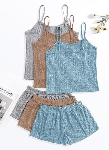 Notktgh 3 Sets for Women Ribbed Pajamas Set Crop Top and Shorts Button Lounge Set Sleeveless Pjs Sleepwear thumbnail 3