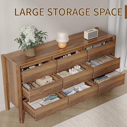CHUWELL Dresser for Bedroom, 63" Wide Mid Century Modern Chest of Drawers with 9 Large Storage Space and 4 Solid Wood Cylindrical Legs, 9 Drawer Large Dresser for Bedroom(Walnut) thumbnail 8