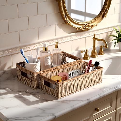 Rectangular Toilet Paper Baskets, 16 ¼"L x 6 ¾"W x 4 ½"H Nesting Plastic Wicker Basket with Built-in Handles, Woven Long Narrow Baskets for Pantry Bathroom Toilet Tank Top Countertop, 2 Pack thumbnail 6