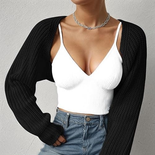 Fuimsul Women Open Front Ribbed Knit Crop Bolero Drop Shoulder Long Sleeve Solid Loose Fit Knitted Crop Cardigan Shrug thumbnail 3
