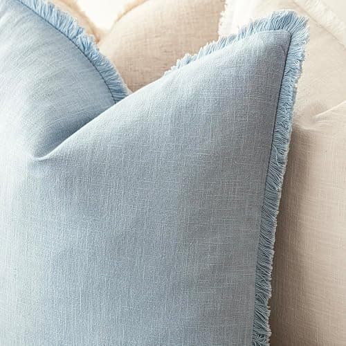 Foindtower Set of 2 Decorative Linen Fringe Lumbar Throw Pillow Covers Boho Farmhouse Cushion Cover with Tassels Soft Accent Pillowcase for Couch Sofa Bed Living Room Home Decor,12×20 Inch,Sky Blue thumbnail 6