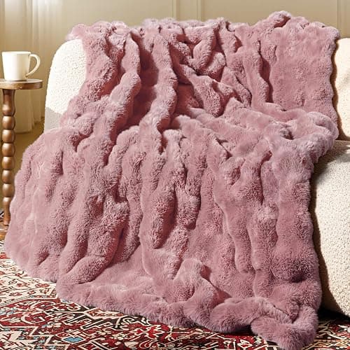 blunique Ultra Soft Cozy Faux Fur Throw Blanket, Fuzzy Plush Thick Bubble Blanket, Oversize Luxury Fluffy Blanket for Couch, Sofa, Bedroom, and Living Room,50x60 Inches,Pink - Image 1