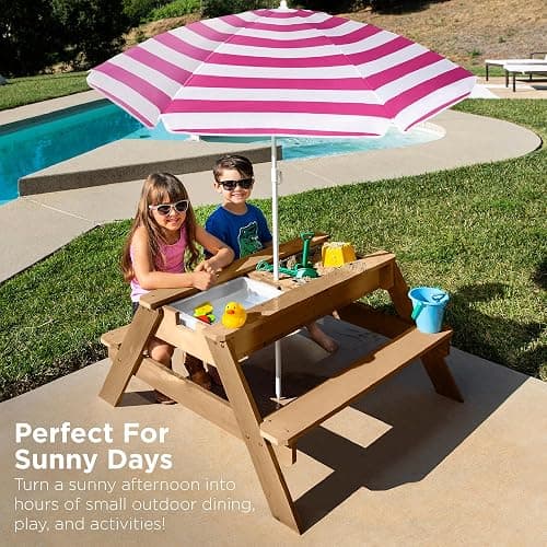 Best Choice Products Kids 3-in-1 Sand & Water Table, Wood Outdoor Convertible Picnic Table w/Umbrella, 2 Trays, Removable Top, 220lb Capacity Per Bench - Natural/Dark Pink - Natural/Dark Pink thumbnail 2
