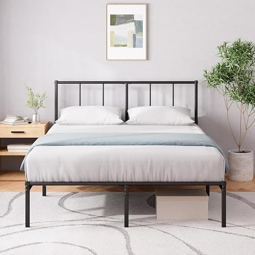 Zinus Justin Double Bed Frame with Headboard - 4ft6 (135 x 190 cm) - 14'' Height - Metal Bed Base with Steel Slat Support - Storage Space Underneath - Modern Design - Easy Assembly - Black - Image 1