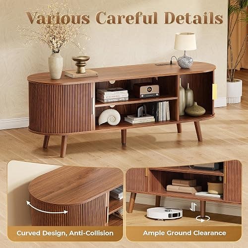 PRAISUN 54 Inch Fluted TV Stand for TVs up to 55 Inch, TV Media Console with Power Outlets and USB-C Port, Entertainment Center with Storage, Curved Sliding Doors, Adjustable Shelf, Brown thumbnail 8
