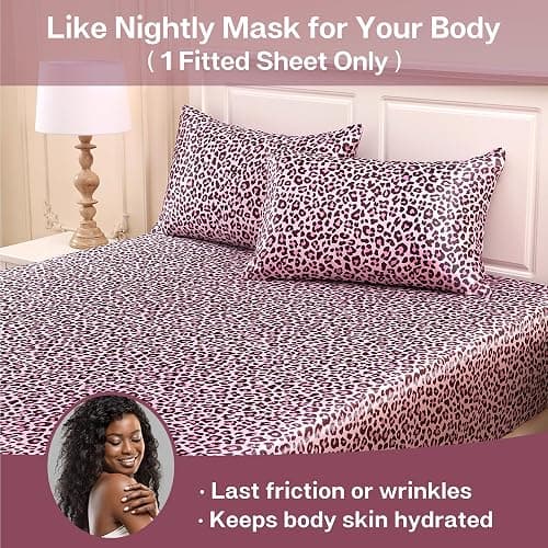 MR&HM Satin Fitted Sheet King Size, Silky Bottom Sheet with Elastic Corner Straps, Deep Pocket up to 15 Inch, No More Slipping Off for Mattress - 1 Fitted Sheet Only (Pink Leopard) thumbnail 2