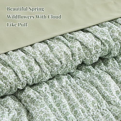 BLOOMHAVEN Twin XL Size Comforter Sets-5 Pieces Puff Sage Green Floral Bedding Set for All Seasons, Shabby Chic Farmhouse Bed in a Bag Twin XL with Floral Comforter, Sheets, Pillowcases & Shams thumbnail 7