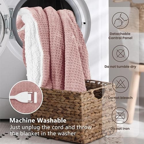blunique Heated Blanket Electric Throw Waffle, 50x60 Inches Sherpa Fleece Fast Heating Blanket 6 Heating Levels & 4 Hours Auto Off ETL Certification, Pink Throw thumbnail 7