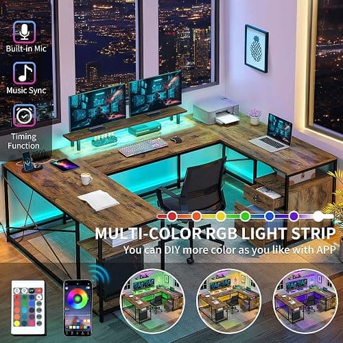 DWVO U Shaped Desk with Drawers, 79" Reversible L Shaped Desk with Power Outlets & LED Lights, Corner Computer Desk with Monitor Stand & Storage Shelves, Rustic Brown thumbnail 5