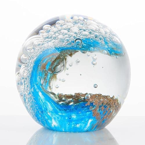 Enjinkail Hand Blown Ocean Waves Crystal Ball - Glass Collectible Figurines Spere - Paperweight Glass Ball Aquarium DecorOffice Decor Ocean Lovers - Image 1