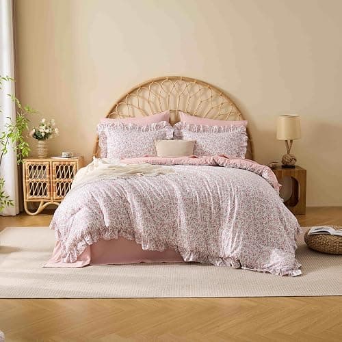 Veniklo Queen Comforter Set 7 Pieces Floral Pink Ruffle Bedding Set | Soft pre-washed fabric, shabby chic ruffle bedding, reinforcing ruffles, all season bed in a bag for bedroom, breathable thumbnail 3