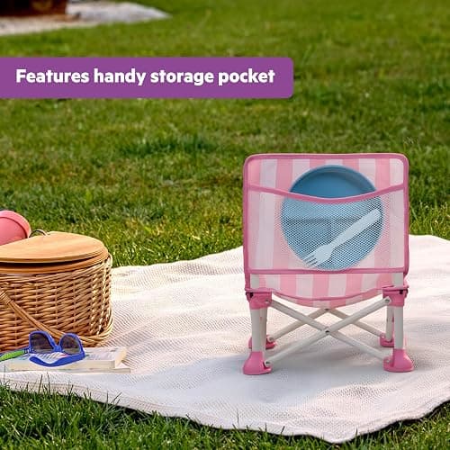 Bright Starts Pop 'N Sit Cabana Baby Beach Portable Booster Chair with UPF Canopy, Floor Seat for Indoor/Outdoor Use, Compact Fold, Pink, 6 Months–3 Years thumbnail 5