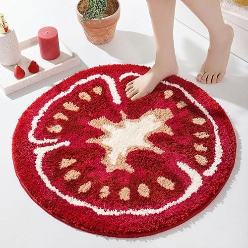FROZZUR Tomato Cute Bath Mat for Bathroom, Red Round Bath Mat Non Slip Food Shaped Washable Bathtub Rug Bathroom Decor Tub Watermelon Kitchen Decoration thumbnail 2