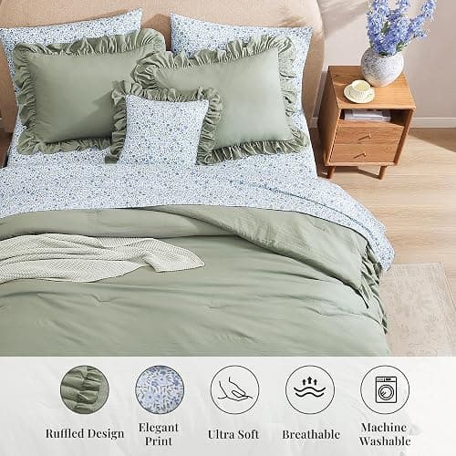 BLOOMHAVEN Queen Comforter Set - 7 Pieces Ruffle Sage Green Bedding Sets, Shabby Chic Farmhouse Bed in a Bag Queen with Ruffle Comforter, Floral Sheets, Pillowcases & Shams thumbnail 6