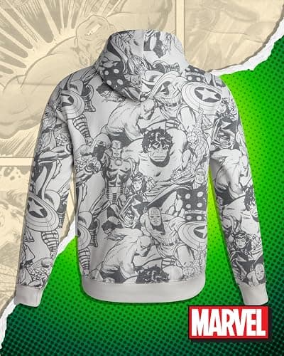 Marvel Mens Graphic Hoodie Soft Fleece Pullover Hooded Sweatshirt for Men | Bold All-Over Comic Print Featuring Hulk, Spider-Man, & Iron Man, Relaxed Regular Fit, Ribbed Cuffs thumbnail 6