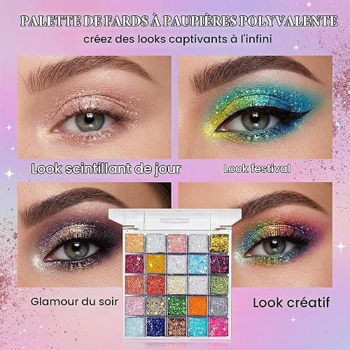 Palette de Maquillage 25 Couleurs Paillettes Visage Iridescentes, Gel Paillettes Corps et Visage Résistant à l'Eau pour Carnaval Festival Soirée, Maquillage pour Fête Adulte et Enfant thumbnail 5