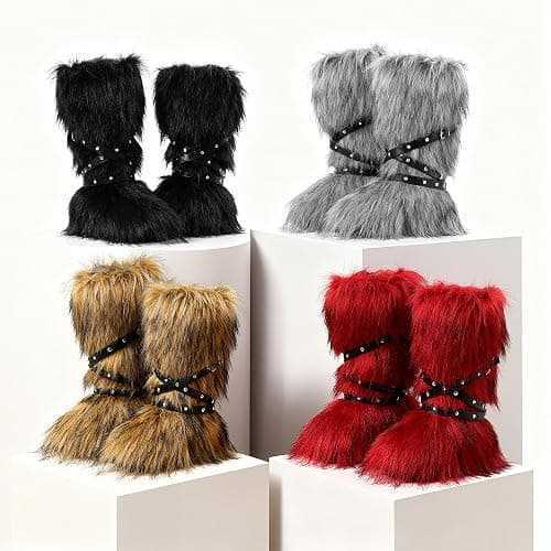 CELNEPHO Fur Boot for Women Comfortable Fuzzy Knee High Boots Round Toe Warm Snow Boots Fashion Winter Boots Y2K thumbnail 6