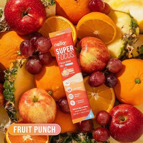 Nello Superfocus – Nootropic Focus Drink Mix for Productivity, Caffeine, L-Theanine, Rhodiola Rosea, Alpha-GPC, Lion’s Mane, Tyrosine, Sugar-Free Packets - With Caffeine (Pack of 20) (20 Servings (Caffeine), Fruit Punch) thumbnail 8