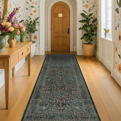 Dark Green 2'6" x 8' Runners for Hallways Non Slip, Extra Long Floor Runner for Kitchen, Entryway Indoor, Washable Rubber Backing Stain Resistant - Vintage Floral Décor - Image 1