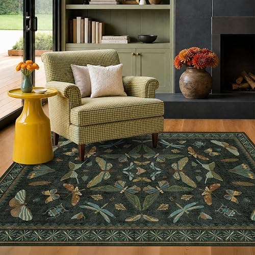 Dark Green 4x6 Washable Area Rug for Living Room, Bedroom, Large Entryway, Kitchen, Ultra Soft Non Slip Stain Resistance, Floral Forest with Brown Aethestic Design - Image 1