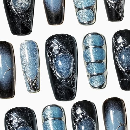 Sun&Beam Nails Handgefertigte Kunstnägel Mittel Lang Sargform Ballerina Nägel zum Aufkleben in Blau Schwarz Verlauf Handgemalt Magnetisches Design mit Klebepads 10 Stück (#138 M) thumbnail 3