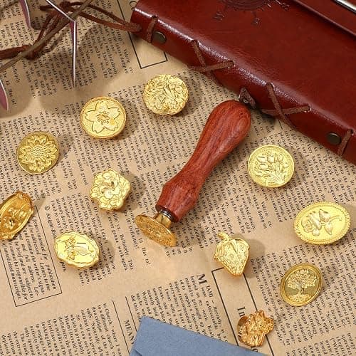 Wax Seal Stamp Kit,12pcs Sealing Wax Stamp Heads Flower Classical Wax Sealing Stamp Crafts Wax Seal Stamp with a Wooden Handle for Invitation Envelopes Letters thumbnail 6