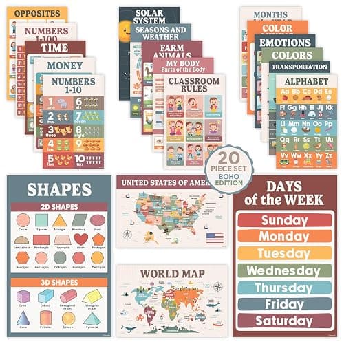 Decorably 20 Boho Learning Posters for Kids Ages 3-5, 11x17in Educational Matte-Laminated for Classrooms, Homeschool, School Hallways, Bulletin Boards - Image 1
