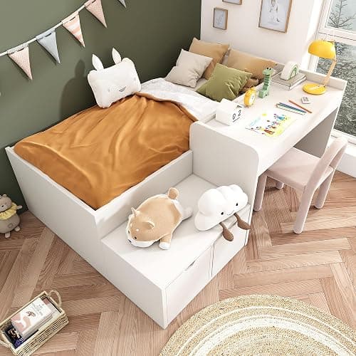 Merax Bunk Beds, Kids Single Wooden Storage Bed with Desk and Drawers, with Slatted Frame, Lying Surface for Teenagers & Adults, White, 90 x190 cm thumbnail 4