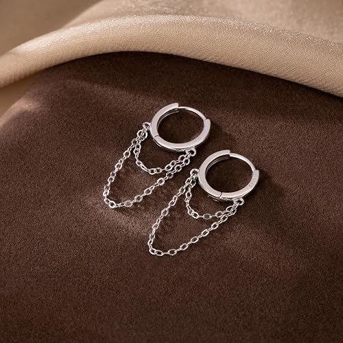 Reffeer Solid 925 Sterling Silver Tassel Chain Drop Dangle Small Hoop Earrings Huggie for Women Teen thumbnail 4