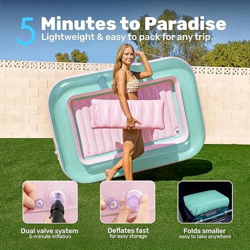 SLOOSH Inflatable Tanning Pool Lounger Float, 70" x 46" Pool Floats Adult with Pillow, 4 in 1 Suntan Tub Raft Floatie,Sunbathing Bed Lounge for Water Blow Up Ball Pit Party Gifts, L-Cyan Pink thumbnail 6