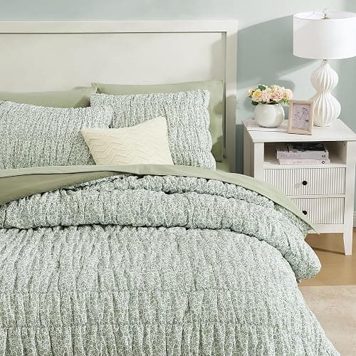 BLOOMHAVEN Twin XL Size Comforter Sets-5 Pieces Puff Sage Green Floral Bedding Set for All Seasons, Shabby Chic Farmhouse Bed in a Bag Twin XL with Floral Comforter, Sheets, Pillowcases & Shams thumbnail 3