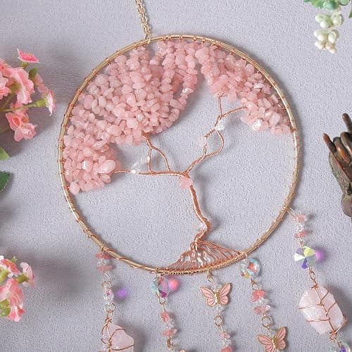 Pink Dream Catchers Crystal Tree of Life Dreamcatcher with Rose Quartz Butterfly Crystal Suncatcher Prism Hangings Wall Window Bedroom Room Decor Gift for Girls Boys Adults thumbnail 4