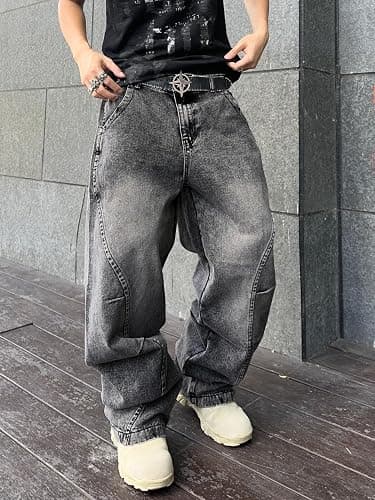DFGIGT Men's Irregular Sutures Y2k Hip Hop Baggy Jeans Wide Leg Denim Pants Casual Loose Fit Trousers Streetwear thumbnail 2