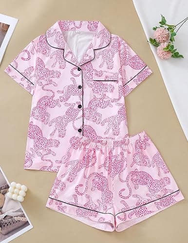 Women's Chicken Pajamas Set 2 Piece Cute Funny Animal Pjs Set Loungewear | Summer Floral print Button Down Shorts Set thumbnail 3