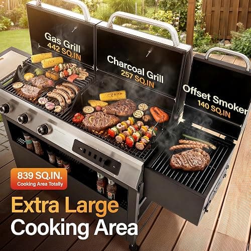 Sophia & William 3-Burner Gas and Charcoal Grill Combo with Offset Smoker - Dual Fuel BBQ Grill, 840 sq. in. Cooking Area, Heavy Duty Propane Barbecue for Outdoor Patio Cooking, Black thumbnail 4