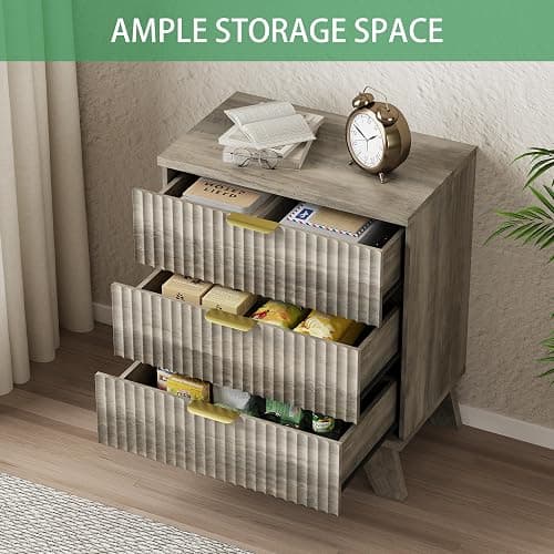 Fluted Nightstand, 24" Wide Side Table with 3 Large Storage Drawers, Mid Century Modern Wood Night Stand with Metal Handle, Wooden Bedside End Table for Bedroom, Living Room, Closet, Grey thumbnail 6