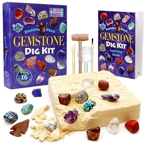 DANCING BEAR Gem stone Dig Kit, Excavate 16 Real Gems & Crystals including Arrowheads, Quartz Point and Amethyst, STEM Education for Kids, Fun Rock Mining Science Activity Gift Sets for Girls and Boys - Image 1
