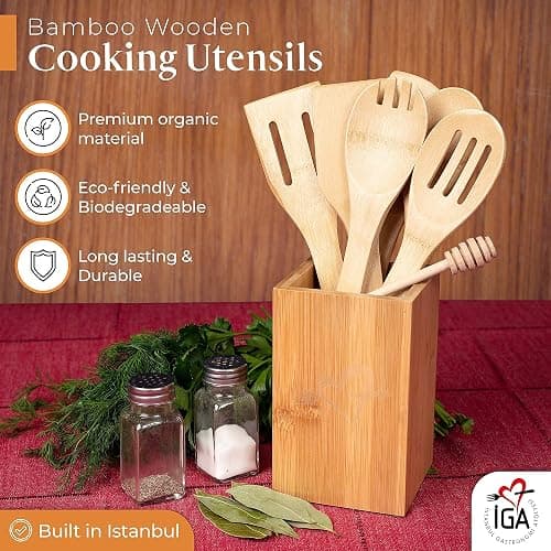 IGA Organic Bamboo Cooking Utensils Set Spoons, Spatulas With Holder For High Heat Resistant In Nonstick Pots, Pans & Cast Irons Skillets (8-Piece Set) Great Gift Idea For Everyday Use thumbnail 3