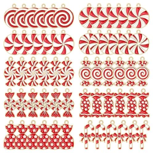 DTOFOOT Christmas Charms, 60Pcs Christmas Candy Charms for Jewelry Making, Holiday Red White Candy Cane Charm Pendants for Bracelet Necklace Earrings Making DIY Crafts - Image 1