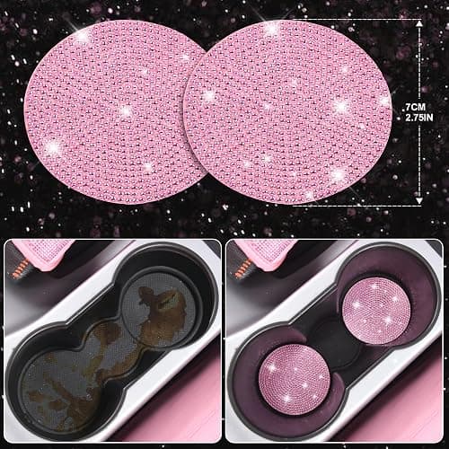 CAR PASS 24 PCS Pink Bling Diamond Accessories Set for Women, Leather Seat Covers, 15'' Steering Wheel Cover, Shining Rhinestone Sparkly Hooks, Coasters, Cute Interior Decorations thumbnail 7