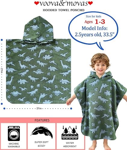 VOOVA & MOVAS Toddler Poncho Towel,1-3Y Soft Thick Cotton,Green Dino | 21"x21" In,Warm & Cozy,Super Absorbent,Quick Dry,No Fade,for Bath,Pool & Travel thumbnail 2