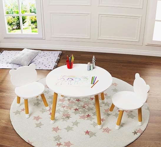 UTEX Kids Wood Table and Chair Set, Kids Play Table with 2 Chairs,3 Pieces Wood Round Table for Toddlers, Girls, Boys,White - Image 1