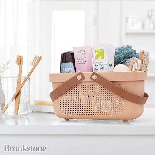 Brookstone Modern Large Portable Shower Caddy with Soft Silicone Carrying Handle, Bathroom Organizer Basket, Plastic Bath Tote and Shower Organizer, Quick Dry Drainage Holes, BPA Free, Blush thumbnail 2