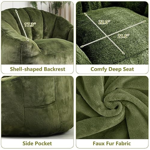 Setawix Giant Bean Bag Chair with Filler, Comfy Faux Fur Bean Bag Chairs for Adults and Kids, Lazy BeanBag Sofa Stuffed Floor Sofa with Memory Foam for Bedroom Apartment Living Room,Green thumbnail 4