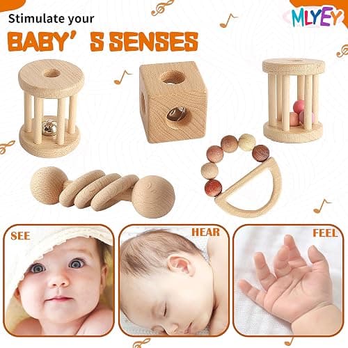 Wooden Baby Toy 8pcs, Montessori Toys for Babies 1-3 Years Old, Wooden Rattles Toy Set for Infant Grasping, Sensory Development, Gift for Baby Boys Girls (Natural Wood) thumbnail 6