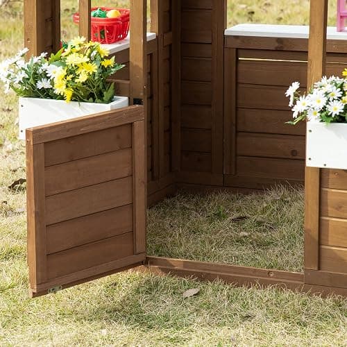 Outsunny Kids Outdoor Playhouse, Wooden Cottage with Door & Windows, Brown | Flower pot holder and boxes, garden games cottage for ages 3-8 thumbnail 8