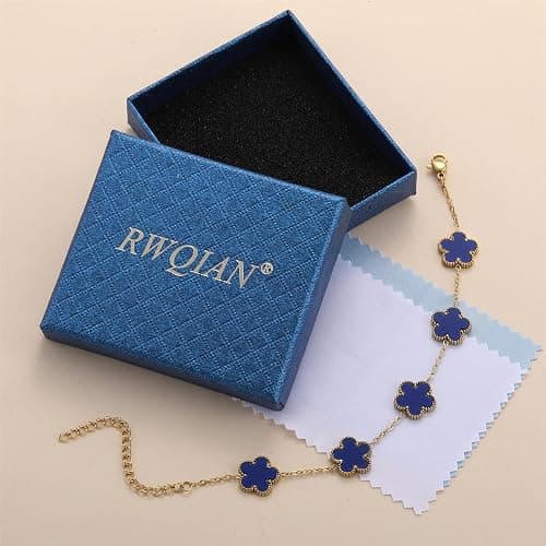 RWQIAN Gold Plated Five Leaf Lucky Clover Bracelets for Women,White/Black/Red/Green/Blue/Pink Clover Link Flower Charm Bracelets,Adjustable Clover Bracelet Chain Jewelry Gifts Trendy for Birthday thumbnail 7
