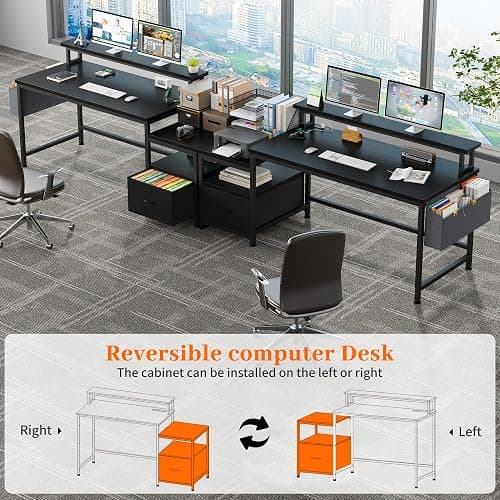 EnHomee 57" Computer Desk with Drawers and Printer Space,Office Desk with Power Outlets,Home Office Desks with File Drawers Cabinet,Study Writing and Gaming Desk with Shelves Monitor Stand,Black thumbnail 6