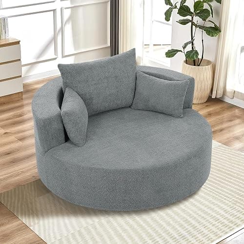 55"W Oversized Round Swivel Accent Barrel Chair,360° Rotating Upholstered Chenille Chaise Lounge Sofa Chair with Wide Armrests&Pillows,Large Modern Comfy Armchair for Living Room,Bedroom,Office(Grey) - Grey thumbnail 8